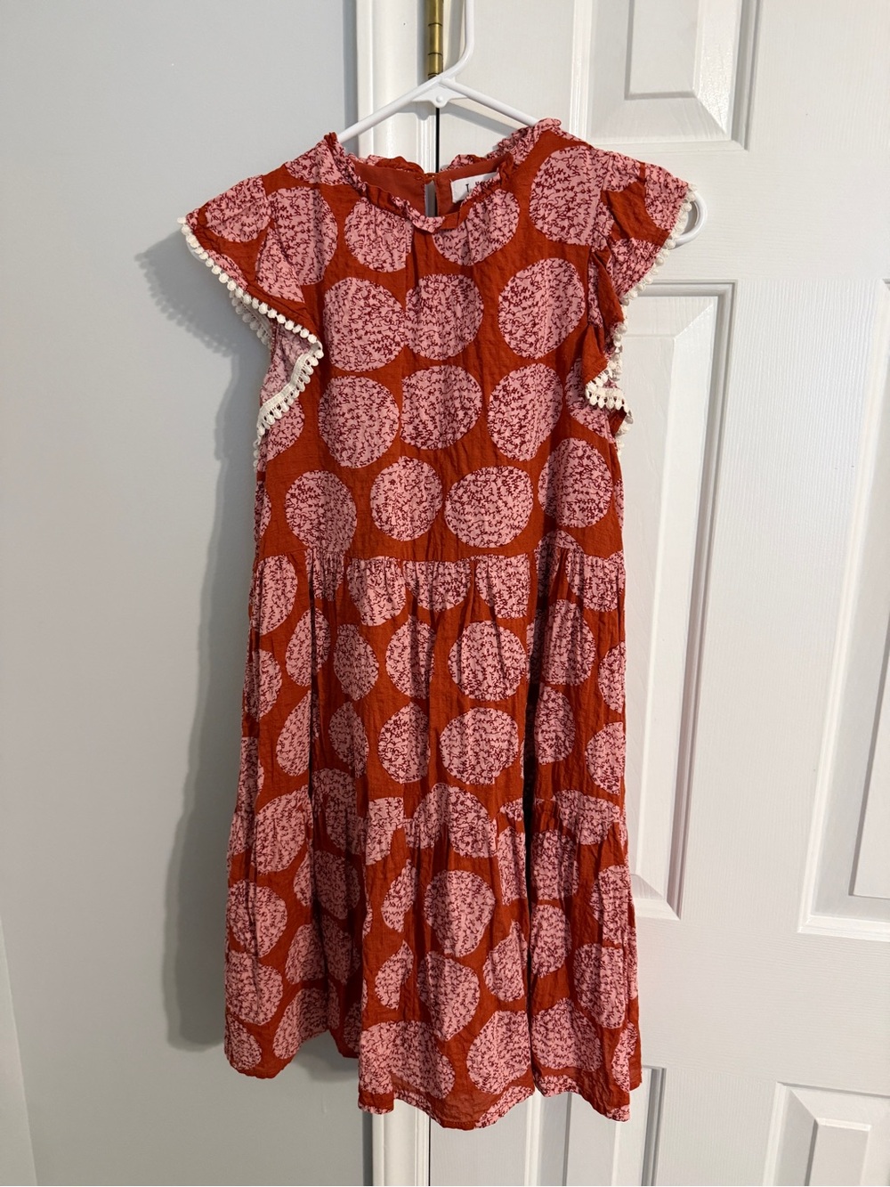 THML Rust Pink Dot Tiered Dress with Pom Trim